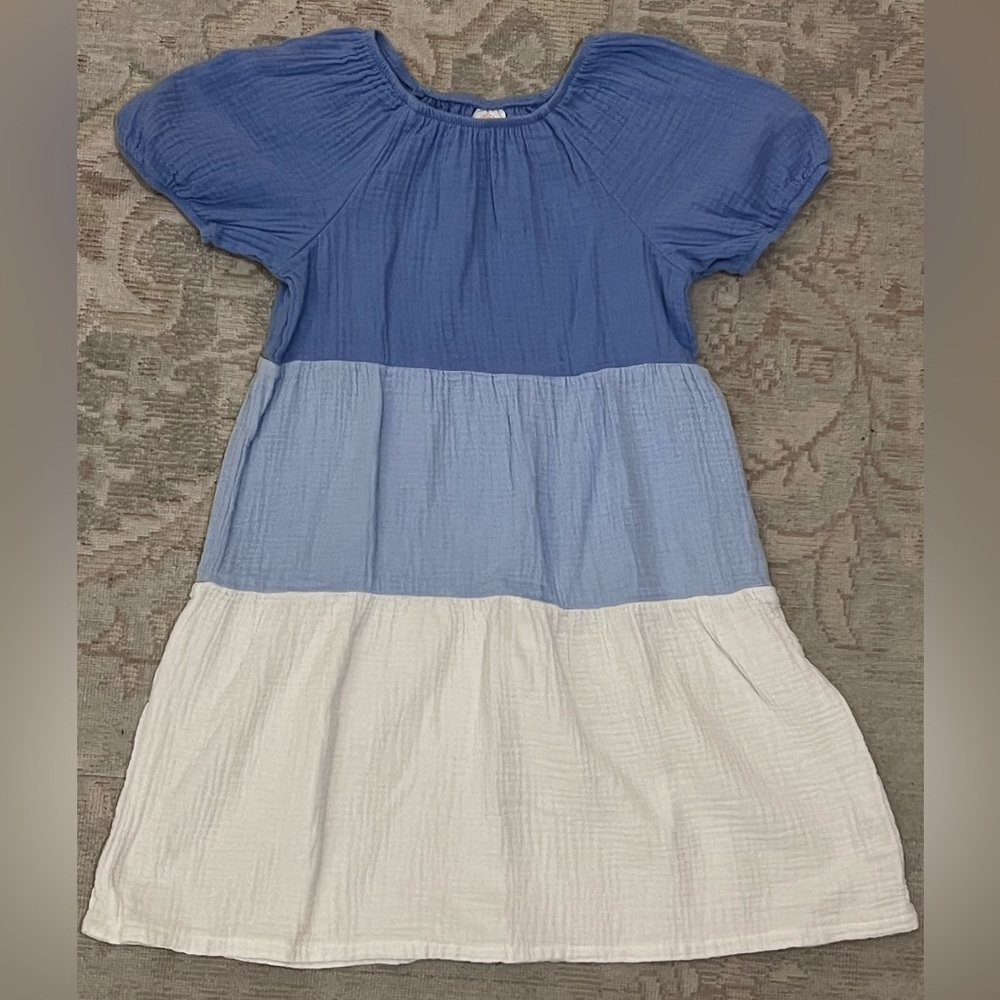 Blue and White Tiered Puff Sleeve Sundress